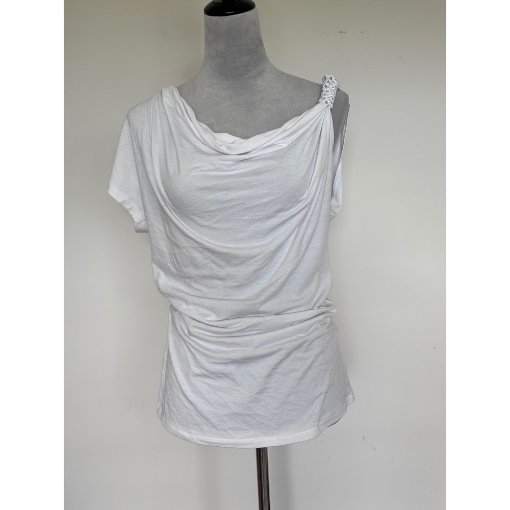 Bongo White Cowl Neck Asymmetrical Braided Strap Draped Top Large Y2K